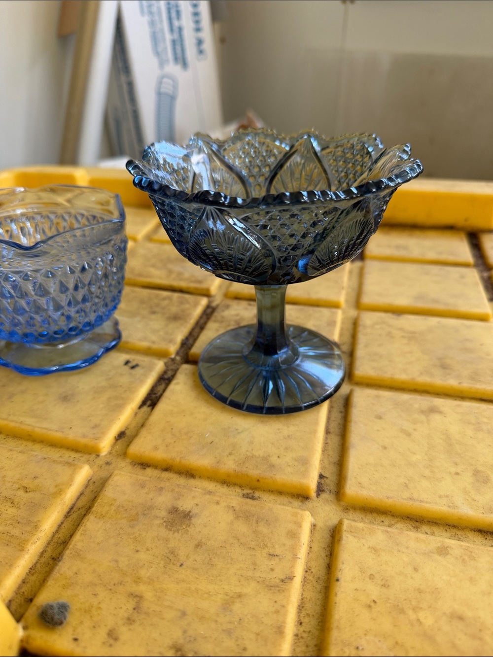 Vintage Blue Pressed Glass Compote Pedestal Bowl - Vintage Style